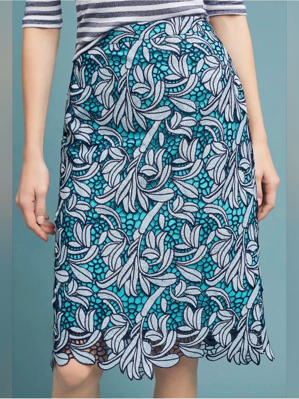 Maeve Tallulah Lace Midi Skirt Teal Navy Floral Embroidered Size 4P